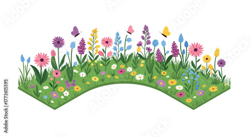 Vibrant spring garden with butterflies and wildflowers on a lush green meadow