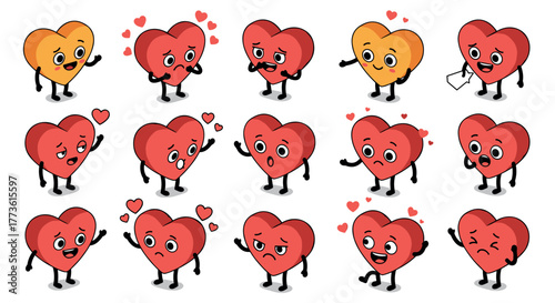 Cute cartoon heart characters: emotions and expressions collection
