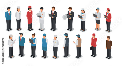 Diverse isometric professionals in hospitality and service industry uniforms