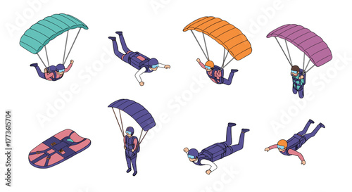 Colorful parachuting and skydiving cartoon characters in flight