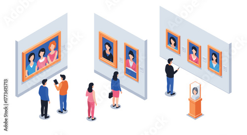 Isometric art gallery scene with visitors observing portraits