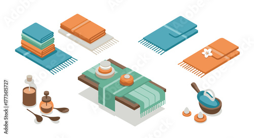 Spa essentials in isometric style with towels, aromatherapy, and wellness items