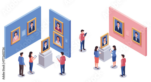 Isometric art gallery scene with visitors observing portraits on display