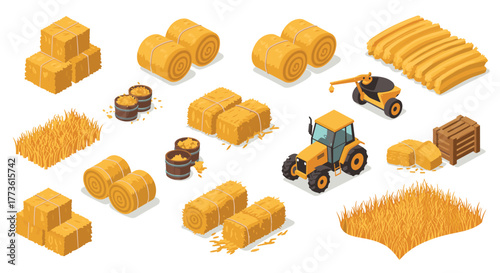 Isometric farm equipment and hay bales collection for harvest season designs