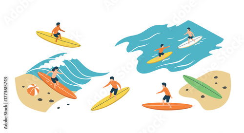 Surfing activities with surfers on waves and beach in flat design