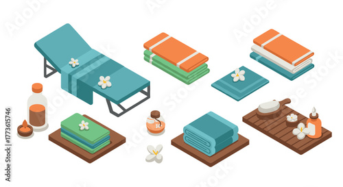 Isometric spa essentials: towels, oils, and relaxation items on white background