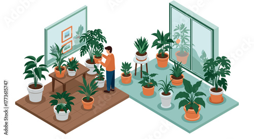 Isometric indoor garden with man tending to potted plants in a modern home setting