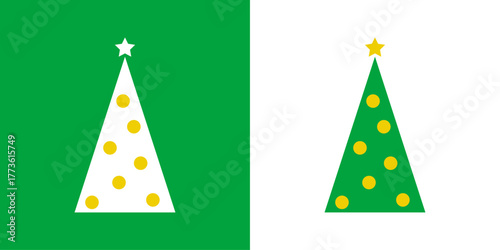 Logo con árbol de navidad con forma de triángulo con esferas y estrella para tarjetas y felicitaciones de Navidad