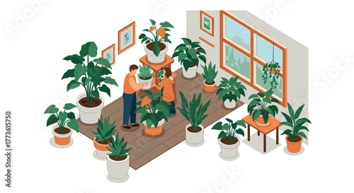 Cozy indoor garden scene with people caring for houseplants in isometric style