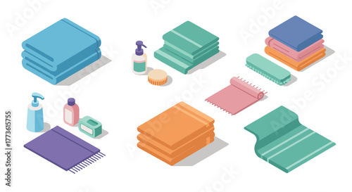 Isometric bathroom essentials in pastel colors