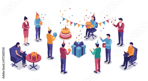 Isometric office birthday celebration with gifts and decorations
