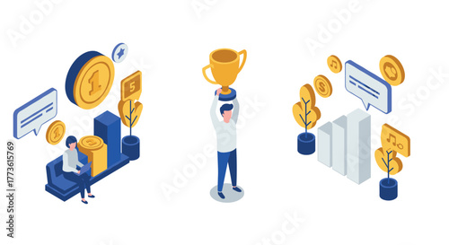 Isometric business success: gold trophy, coins, charts, and communication