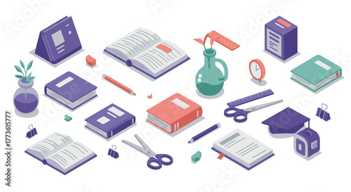 Isometric desk supplies collection with books and stationery