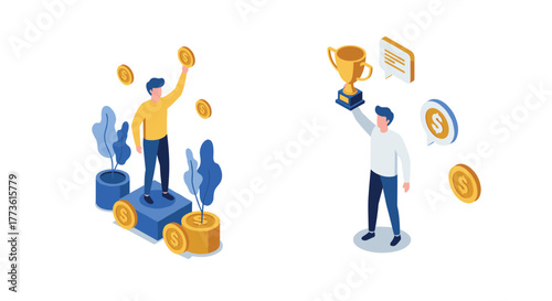 Achieving success with financial growth and leadership in isometric style