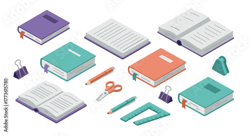 Colorful isometric stationery set with books, notebooks, and office supplies