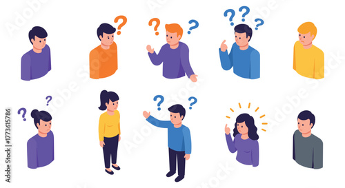 Isometric characters with question marks express curiosity and exploration