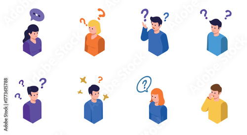 Diverse isometric characters displaying curious expressions and question marks