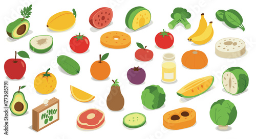 Colorful isometric fruits and vegetables collection set for healthy eating