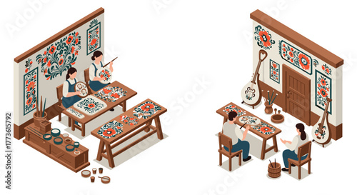 Isometric scene of traditional folk art workshop with artists crafting cultural designs