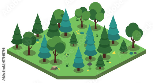 Isometric forest scene with greenery and trees on a grass patch