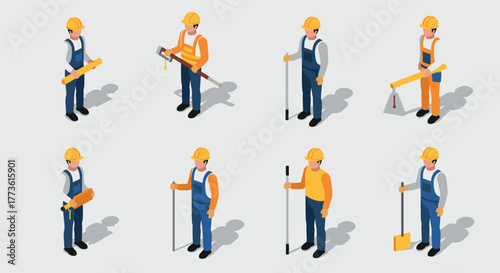 Isometric construction workers with tools on white background