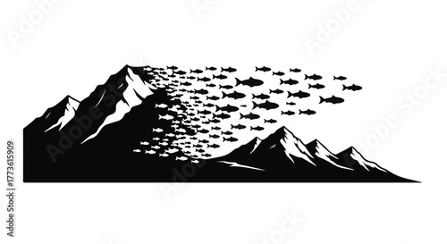 A surreal swarm of fish migrating over dramatic mountain peaks, symbolizing journey and transformation.