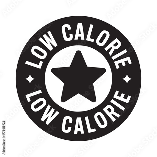 Black and white circular low calorie food label with a star