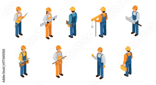 Isometric construction workers set in various poses and equipment