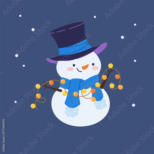 Snowman wearing a top hat and garland. Traditional winter holiday character. Characters for celebrating Christmas and New Year. Vector illustration
