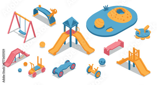 Colorful playground equipment in isometric style with slides and swings