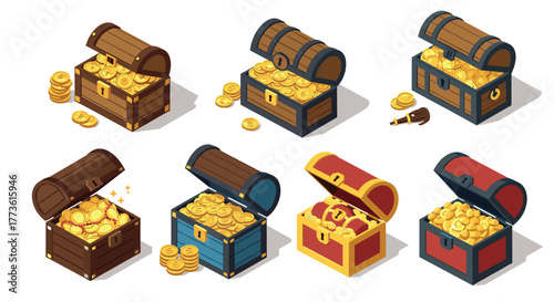 Isometric treasure chests collection with gold coins in various designs