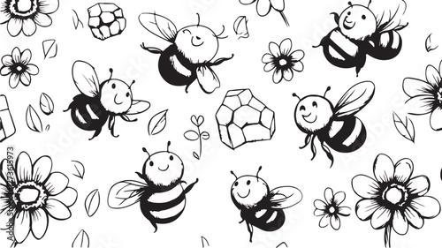 Cute vector cartoon insect and animal set with seamless floral butterfly and flower pattern