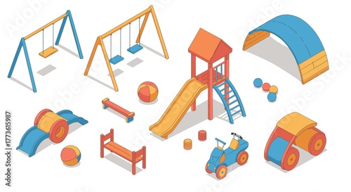 Colorful playground equipment set for kids: swings, slides, and more