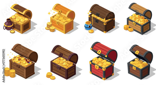 Isometric treasure chests with coins and gems: wealth and adventure set