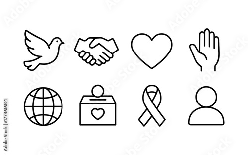 Outline icons of peace and charity with dove, heart, and ribbon symbols