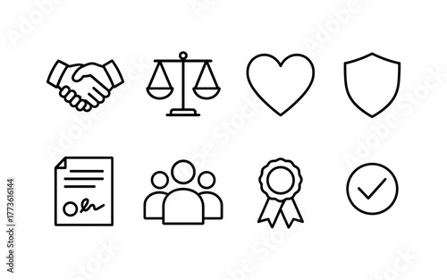 Set of simple line icons for business and law: handshake, scale, heart, shield, document