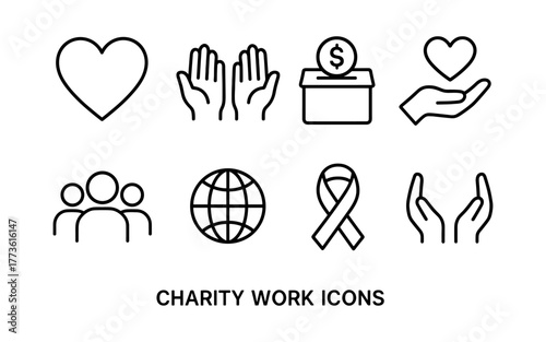 Charity and support icons set in linear style for community aid