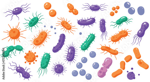 Colorful microbial diversity in flat style with bacteria and viruses