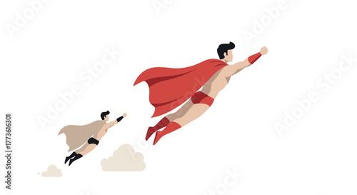 Superheroes in dynamic flight pose on white background