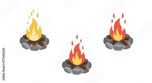 Set of three campfires with vibrant flames on stone base