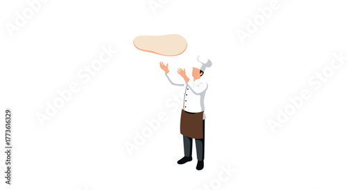 Chef tossing pizza dough in air isometric style