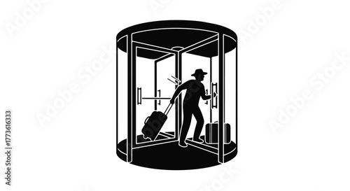 Silhouette of traveler with luggage entering a revolving door at a hotel or airport.