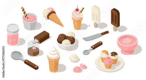 Isometric ice cream desserts collection with cones and scoops