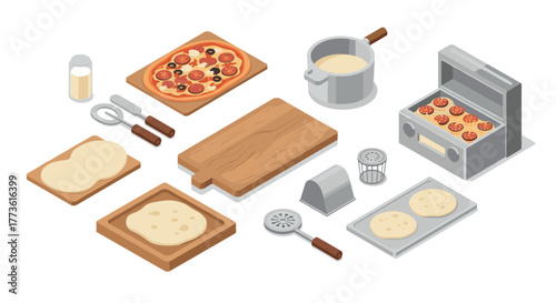 Isometric pizza preparation tools and ingredients for cooking