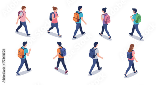 Isometric illustration of diverse people walking with backpacks