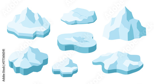 Collection of flat icebergs in minimalist style on white background