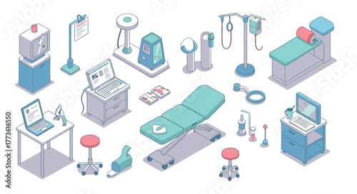 Modern isometric medical equipment set for healthcare facilities and hospitals