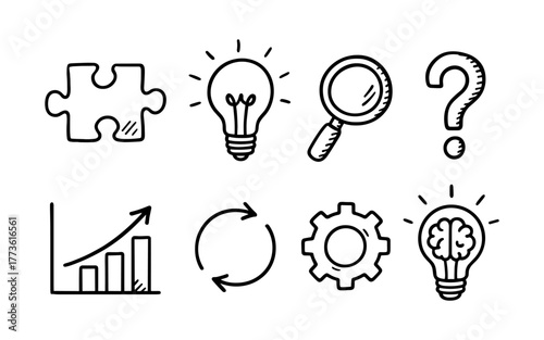 Hand drawn business icons with light bulb, puzzle, magnifying glass, and gear