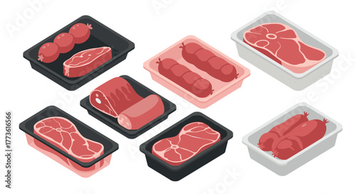 Assorted packaged meat cuts in isometric style on white background