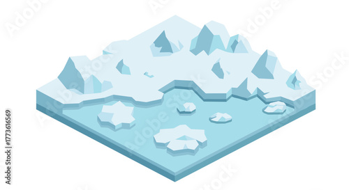 Isometric arctic iceberg landscape with floating ice and snowy peaks